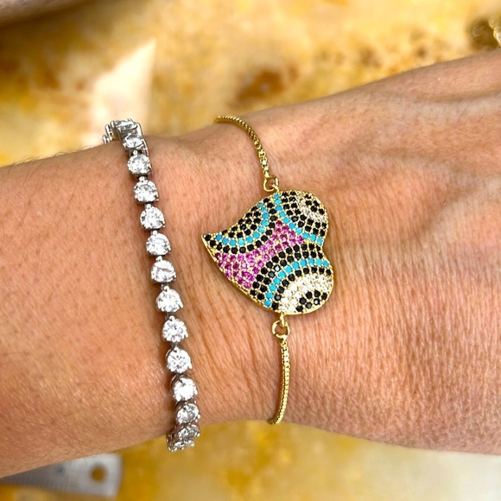 New Gold plated rainbow CZ Heart Bracelet adjustable